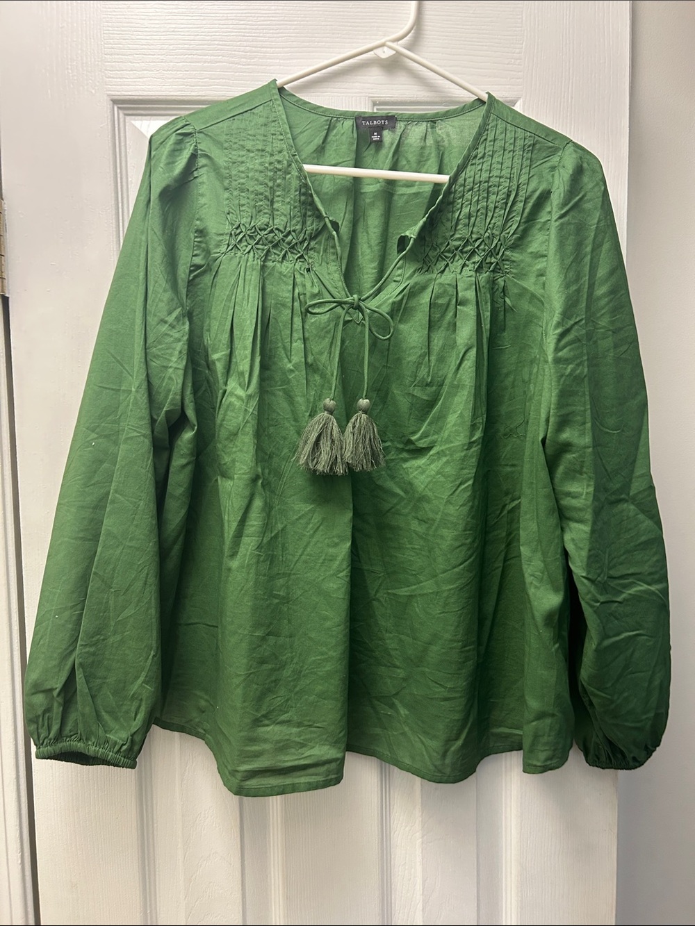 Talbots Emerald Green Smocked Peasant Top with Tassels